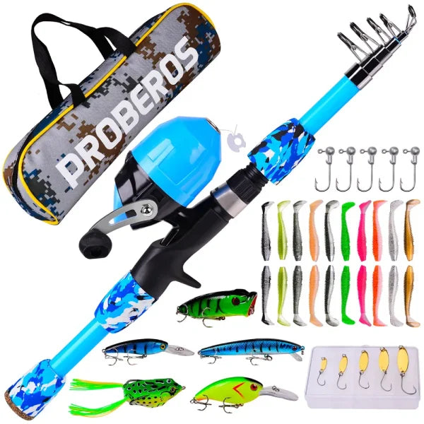 A versatile and durable fishing pole kit designed for kids, featuring a telescopic design, multiple hooks and baits, and a travel bag for easy portability.