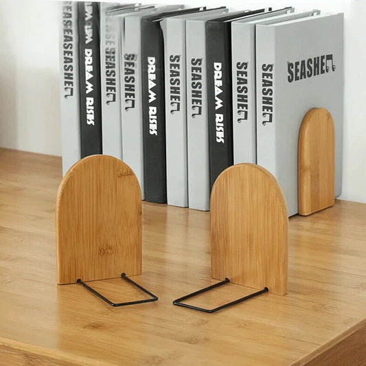 Natural bamboo desktop organizer and bookend with a simple, elegant design that optimises vertical storage space