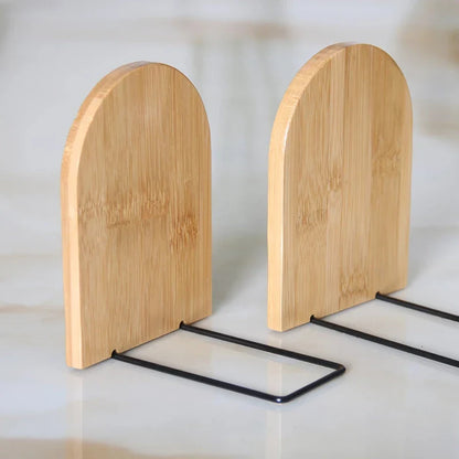 Natural bamboo desktop organizer and bookend with a simple, elegant design that optimises vertical storage space