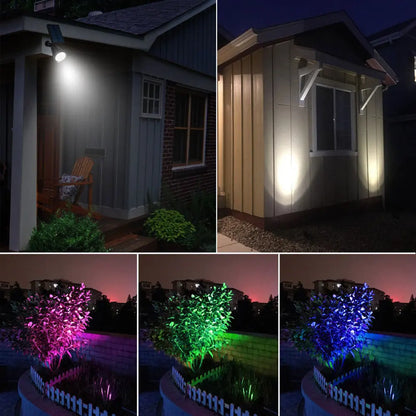 Solar-powered outdoor adjustable spotlight with multiple colour modes for garden and patio lighting