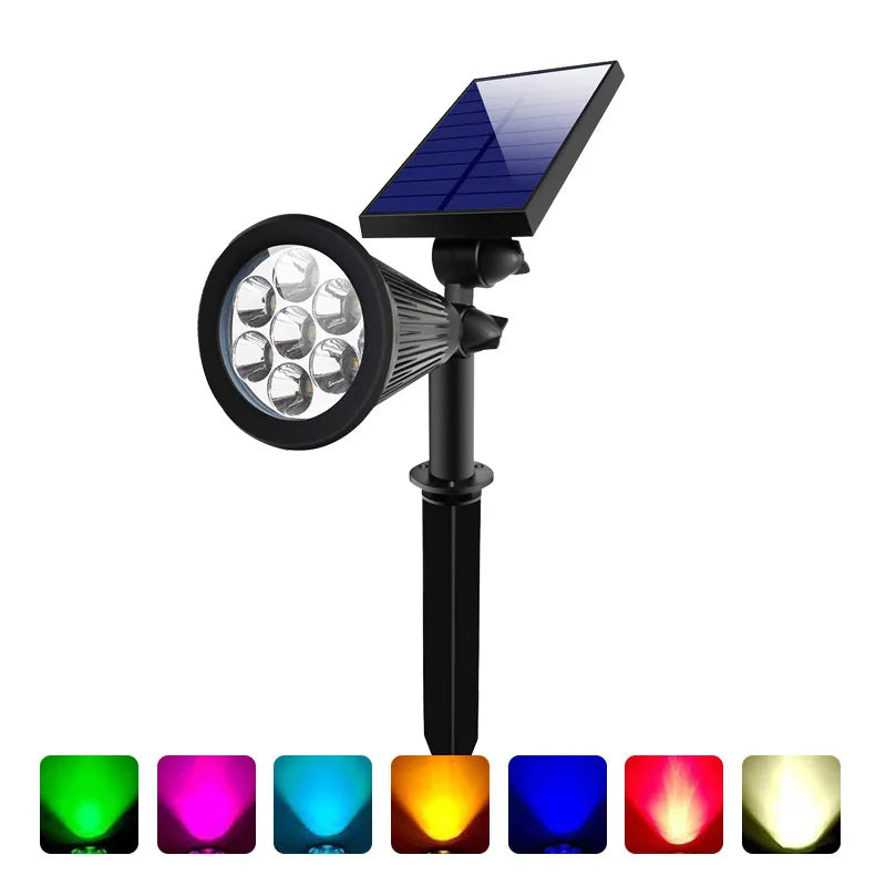 Solar-powered outdoor adjustable spotlight with multiple colour modes for garden and patio lighting