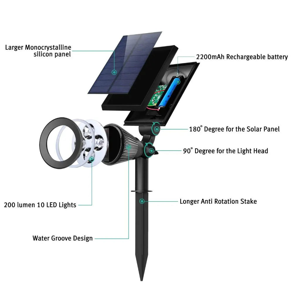 Solar-powered outdoor adjustable spotlight with multiple colour modes for garden and patio lighting