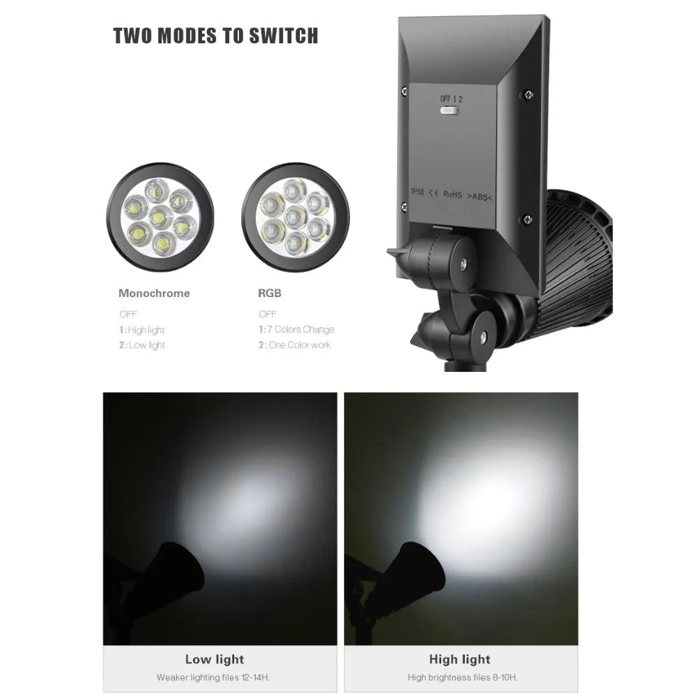 Solar-powered outdoor adjustable spotlight with multiple colour modes for garden and patio lighting