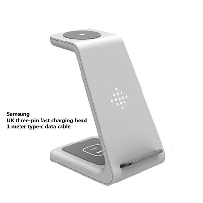 A stylish 3-in-1 wireless charging station for smartphones, smartwatches, and wireless earbuds
