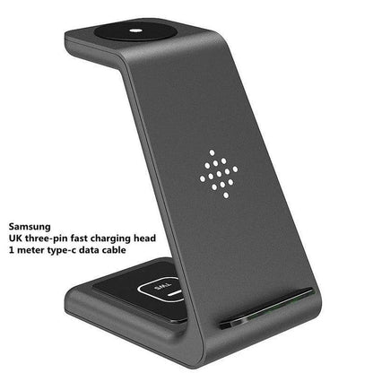 A stylish 3-in-1 wireless charging station for smartphones, smartwatches, and wireless earbuds
