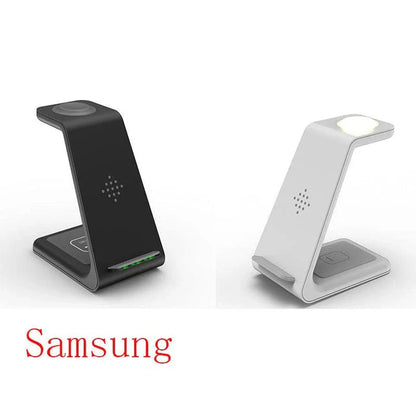 A stylish 3-in-1 wireless charging station for smartphones, smartwatches, and wireless earbuds