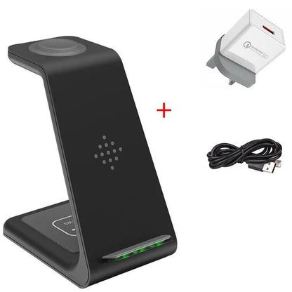 A stylish 3-in-1 wireless charging station for smartphones, smartwatches, and wireless earbuds