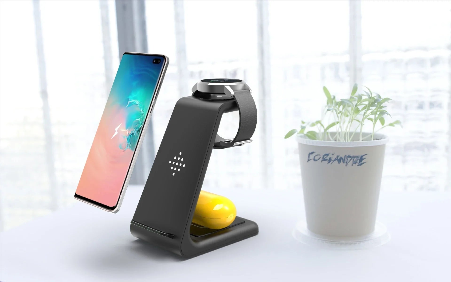 A stylish 3-in-1 wireless charging station for smartphones, smartwatches, and wireless earbuds