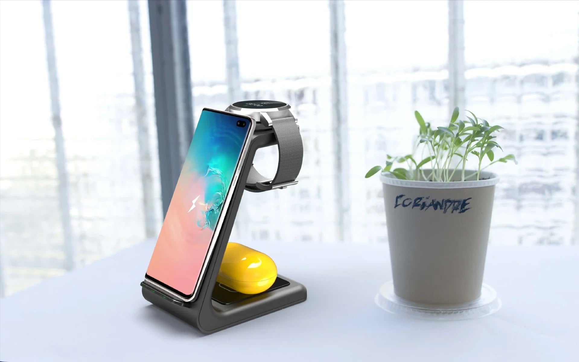 A stylish 3-in-1 wireless charging station for smartphones, smartwatches, and wireless earbuds