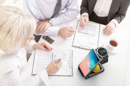 A stylish 3-in-1 wireless charging station for smartphones, smartwatches, and wireless earbuds