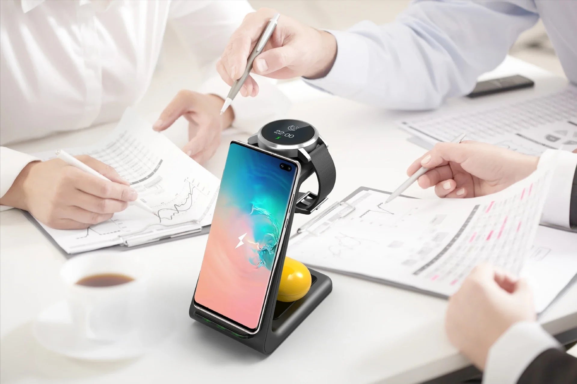 A stylish 3-in-1 wireless charging station for smartphones, smartwatches, and wireless earbuds