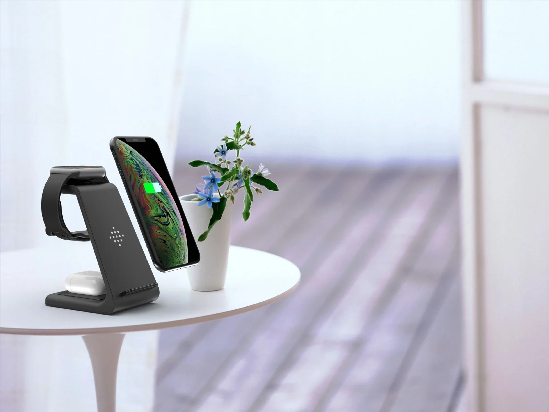 A stylish 3-in-1 wireless charging station for smartphones, smartwatches, and wireless earbuds