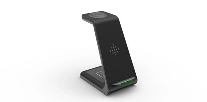 A stylish 3-in-1 wireless charging station for smartphones, smartwatches, and wireless earbuds