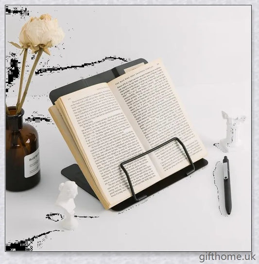 A sleek and adjustable desk book holder made of premium strip steel, providing a practical solution for organising and supporting books and documents.