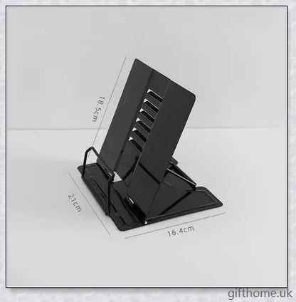 A sleek and adjustable desk book holder made of premium strip steel, providing a practical solution for organising and supporting books and documents.