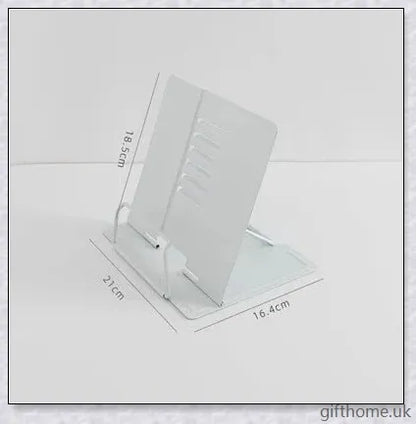 A sleek and adjustable desk book holder made of premium strip steel, providing a practical solution for organising and supporting books and documents.