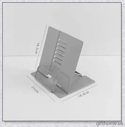 A sleek and adjustable desk book holder made of premium strip steel, providing a practical solution for organising and supporting books and documents.