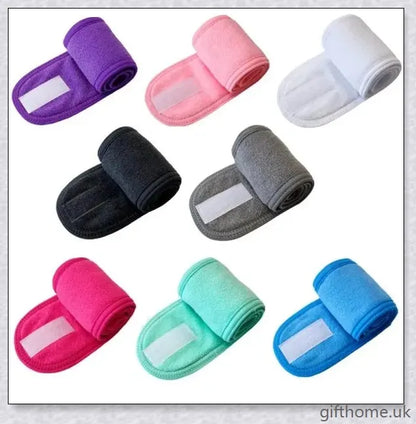 Adjustable towel hairband in various solid colours, suitable for washing, yoga, and makeup routines