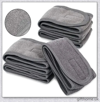 Adjustable towel hairband in various solid colours, suitable for washing, yoga, and makeup routines