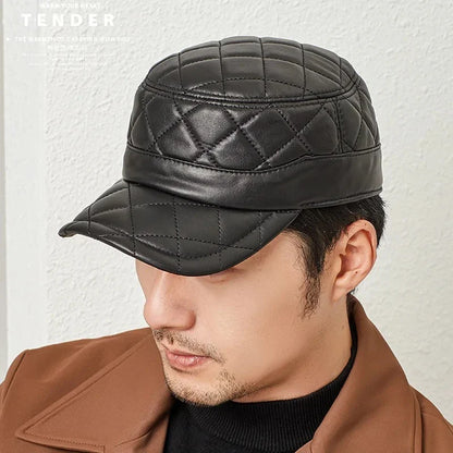 A stylish men's peaked cap made from genuine leather with a rhombus dome design and short brim