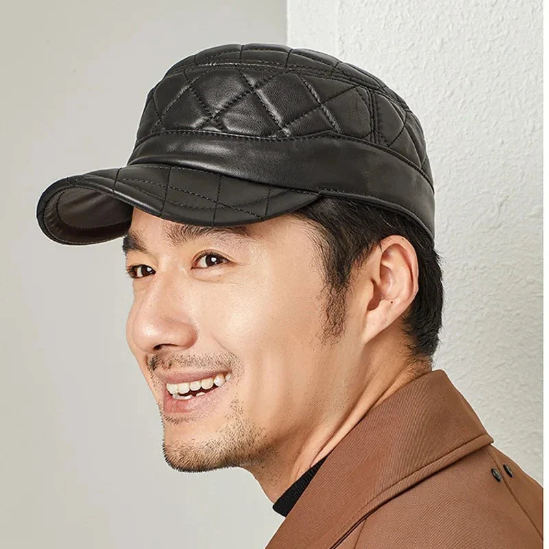 A stylish men's peaked cap made from genuine leather with a rhombus dome design and short brim