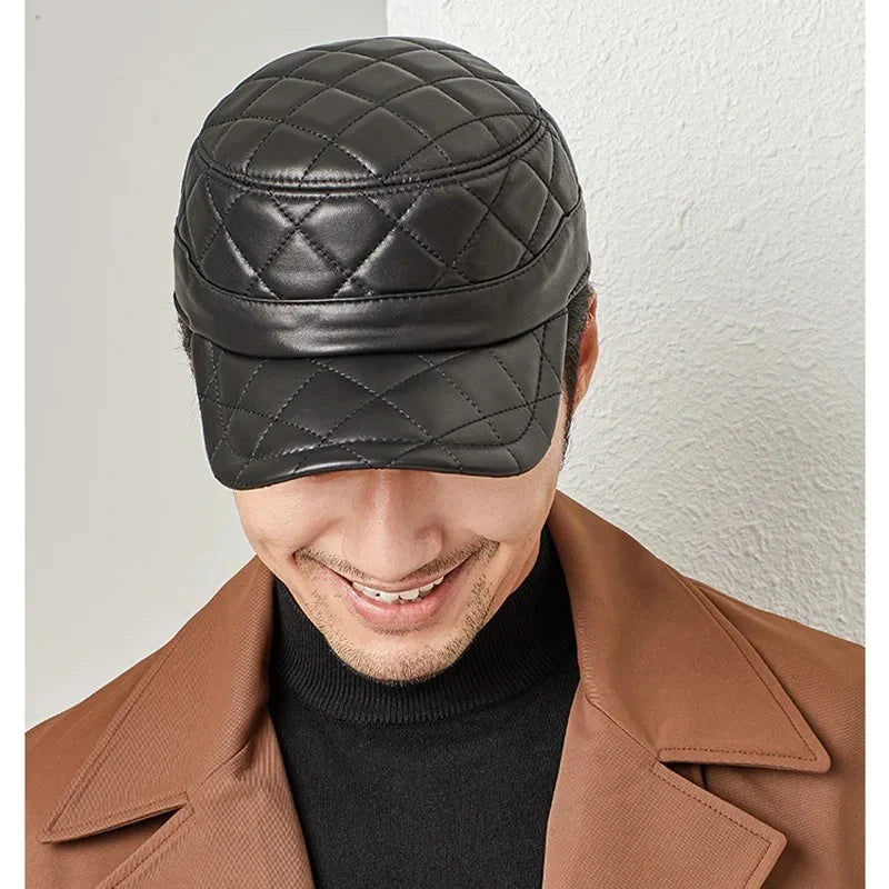 A stylish men's peaked cap made from genuine leather with a rhombus dome design and short brim