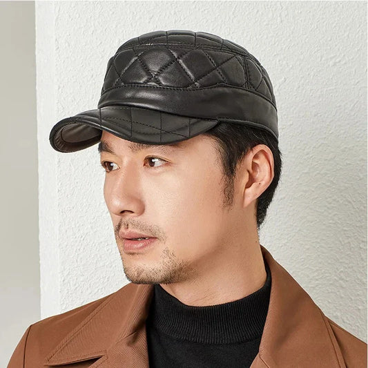 A stylish men's peaked cap made from genuine leather with a rhombus dome design and short brim