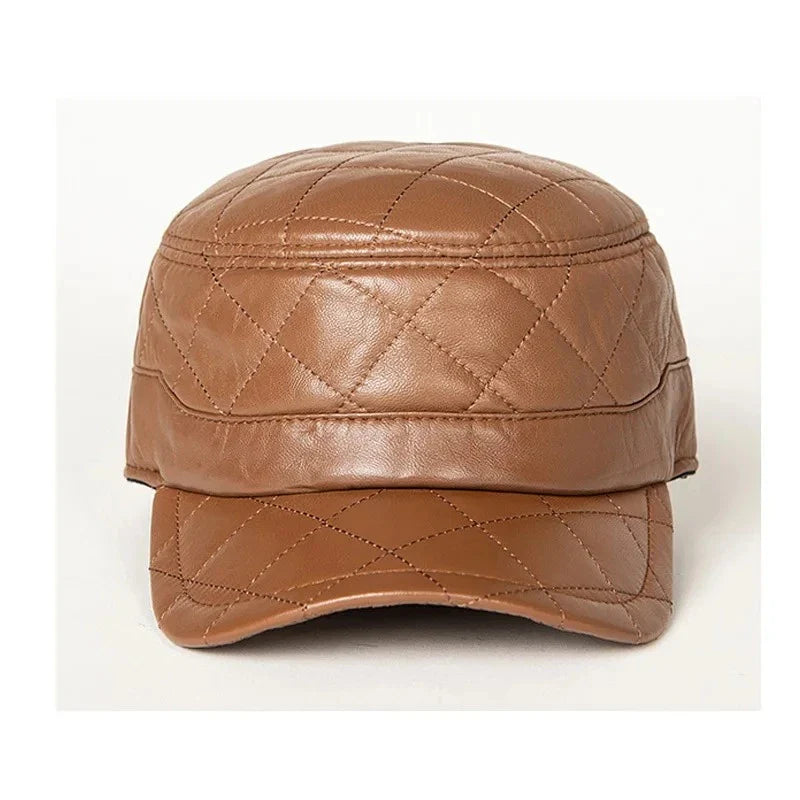 A stylish men's peaked cap made from genuine leather with a rhombus dome design and short brim