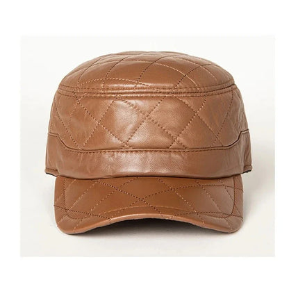 A stylish men's peaked cap made from genuine leather with a rhombus dome design and short brim