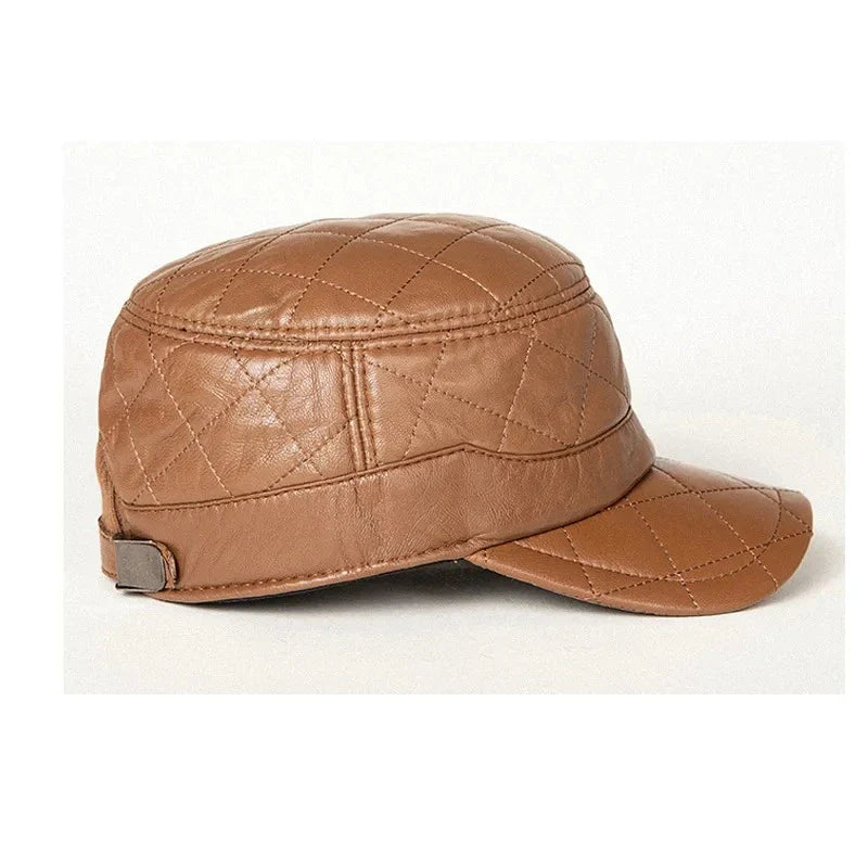 A stylish men's peaked cap made from genuine leather with a rhombus dome design and short brim