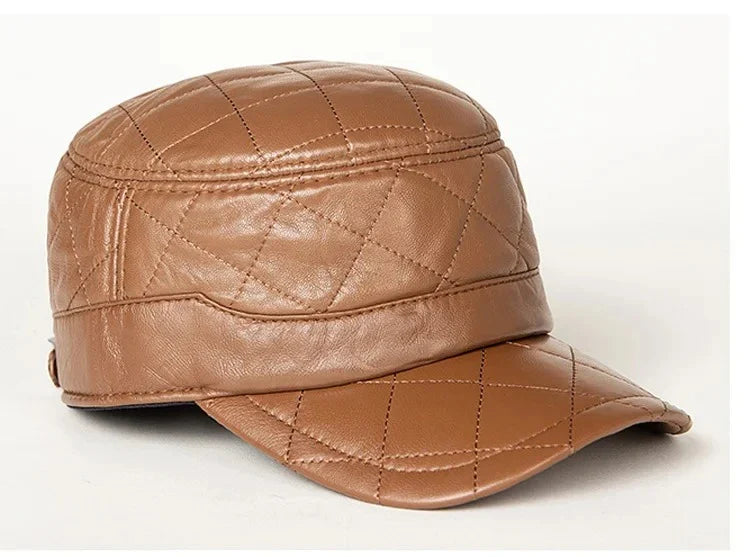 A stylish men's peaked cap made from genuine leather with a rhombus dome design and short brim