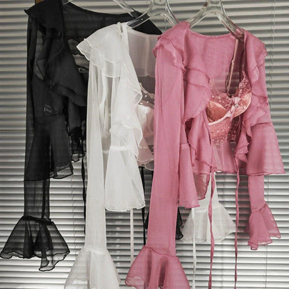Lace Suspender Chiffon Cardigan Two-Piece Set in Black, White, and Pink colours