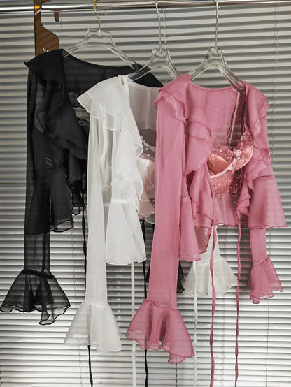 Lace Suspender Chiffon Cardigan Two-Piece Set in Black, White, and Pink colours