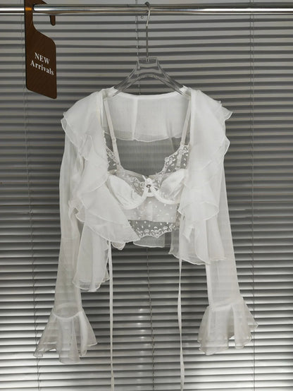 Lace Suspender Chiffon Cardigan Two-Piece Set in Black, White, and Pink colours