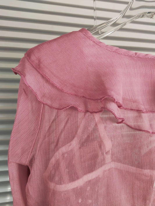 Lace Suspender Chiffon Cardigan Two-Piece Set in Black, White, and Pink colours