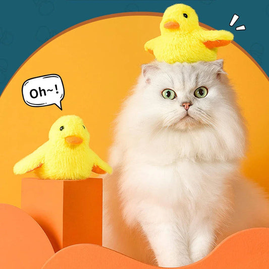 Interactive yellow duck-shaped cat toy with vibration sensor and washable plush cover