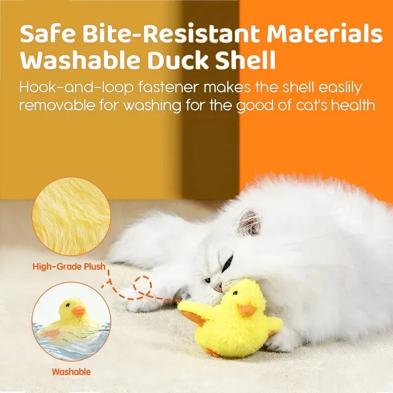 Interactive yellow duck-shaped cat toy with vibration sensor and washable plush cover