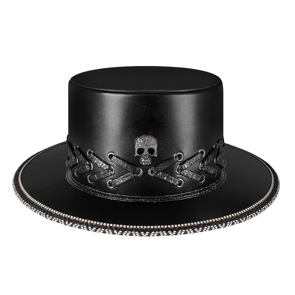 Trendha Halloween Punk Skull Black Top Hat with rivets and flat-top design