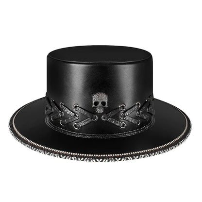 Trendha Halloween Punk Skull Black Top Hat with rivets and flat-top design