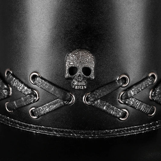Trendha Halloween Punk Skull Black Top Hat with rivets and flat-top design
