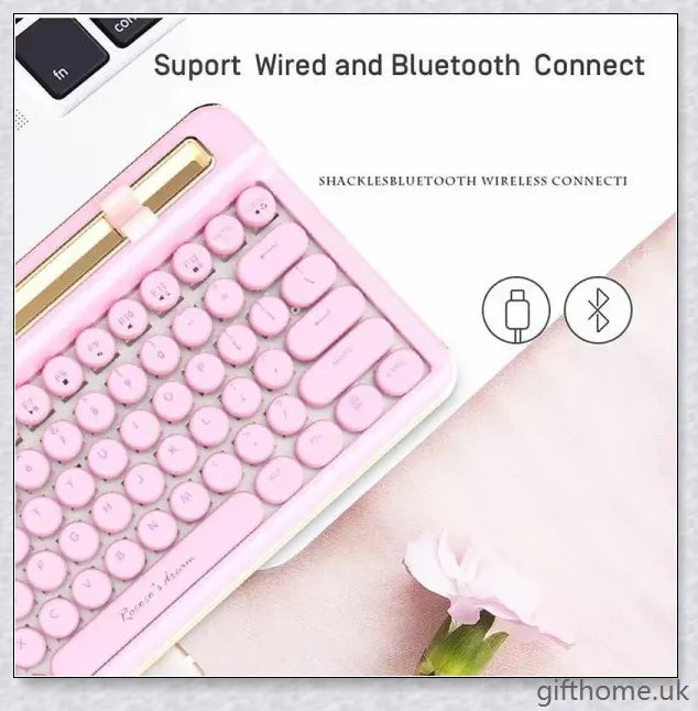 Retro Bluetooth and wired dual mechanical keyboard with 76 keys, available in silver, blue, black, pink, red, and gold colours