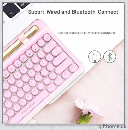 Retro Bluetooth and wired dual mechanical keyboard with 76 keys, available in silver, blue, black, pink, red, and gold colours