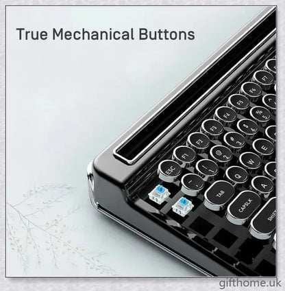 Retro Bluetooth and wired dual mechanical keyboard with 76 keys, available in silver, blue, black, pink, red, and gold colours