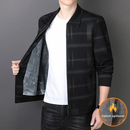 A stylish men's turn-down collar coat in a classic plaid design, perfect for autumn and winter wear.