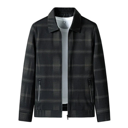 A stylish men's turn-down collar coat in a classic plaid design, perfect for autumn and winter wear.