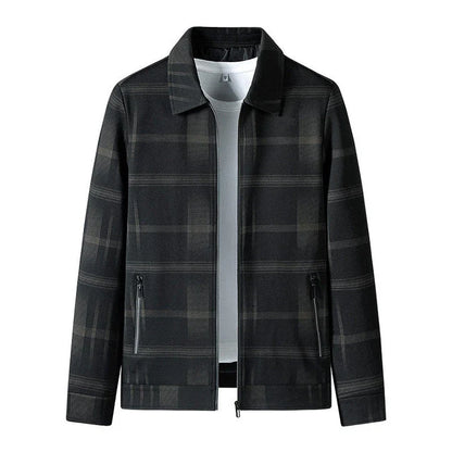 A stylish men's turn-down collar coat in a classic plaid design, perfect for autumn and winter wear.