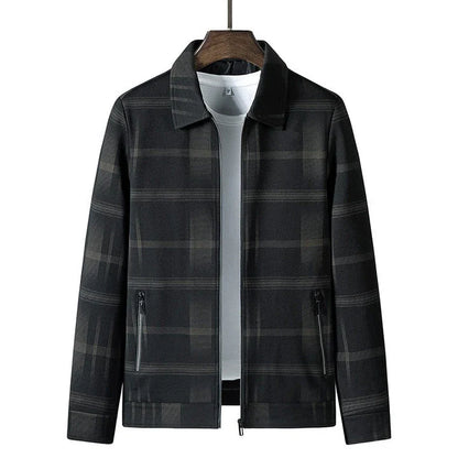 A stylish men's turn-down collar coat in a classic plaid design, perfect for autumn and winter wear.