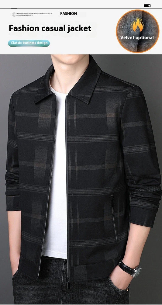 A stylish men's turn-down collar coat in a classic plaid design, perfect for autumn and winter wear.