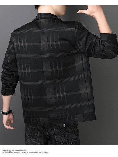 A stylish men's turn-down collar coat in a classic plaid design, perfect for autumn and winter wear.