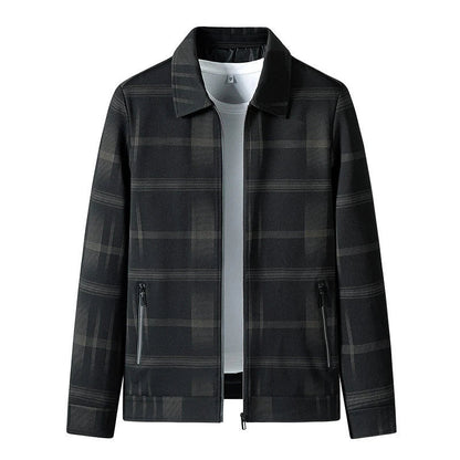 A stylish men's turn-down collar coat in a classic plaid design, perfect for autumn and winter wear.